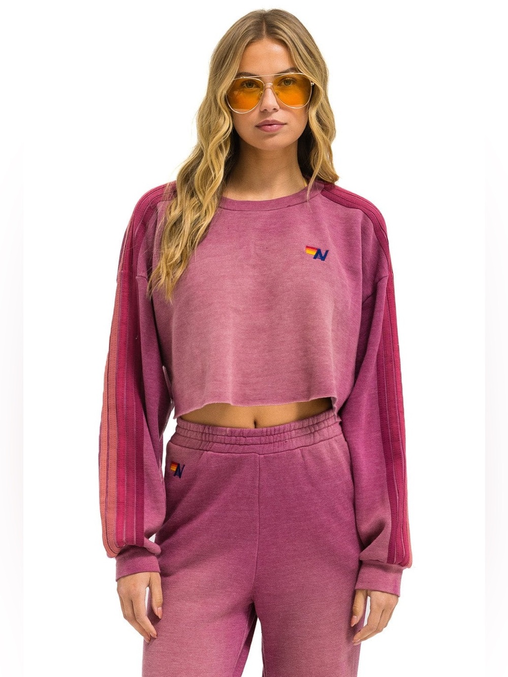 Aviator Nation | Classic Striped Cropped Crew Sweatshirt in Faded Berry | Large